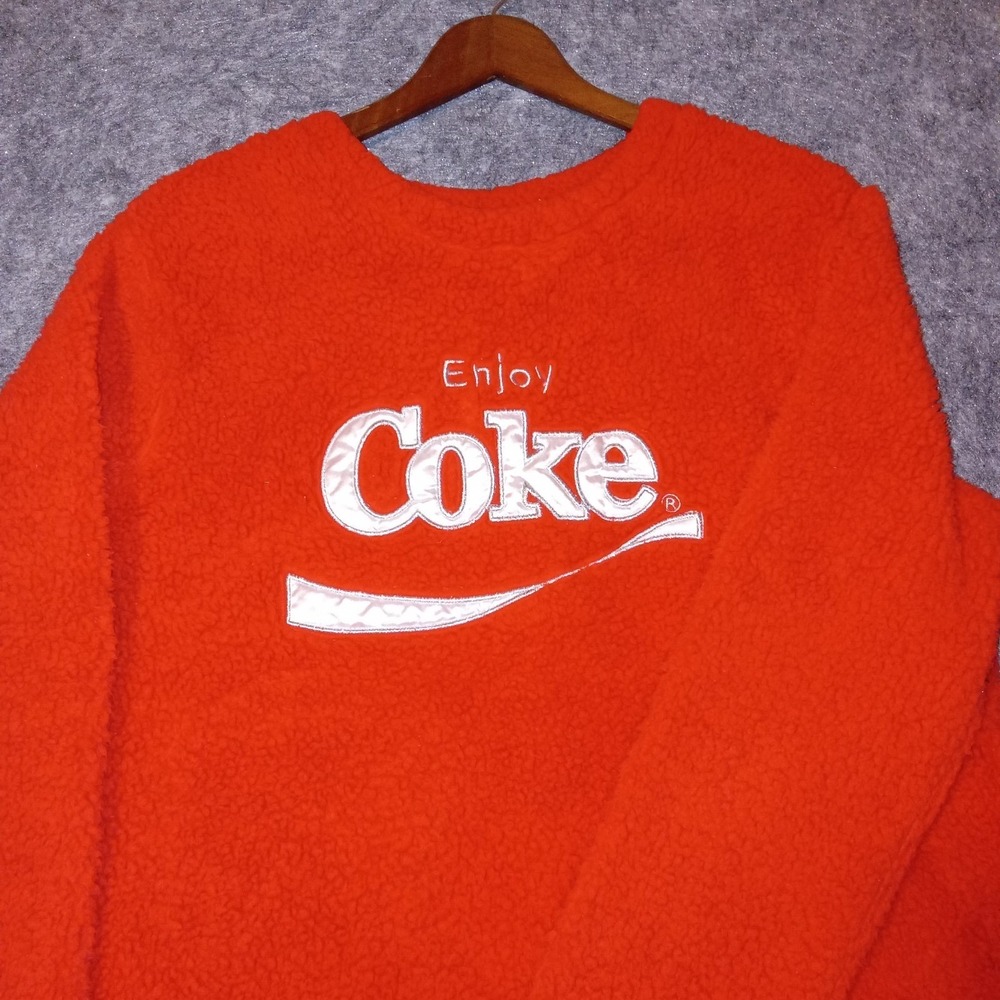 Coca-Cola Sherpa Fleece Sweatshirt Women Size M Red Enjoy Coke Faux Fur Pullover